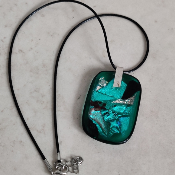 Murano Jewelry - Green Murano Style Two Sided Abstract Art Glass  Pendant Necklace